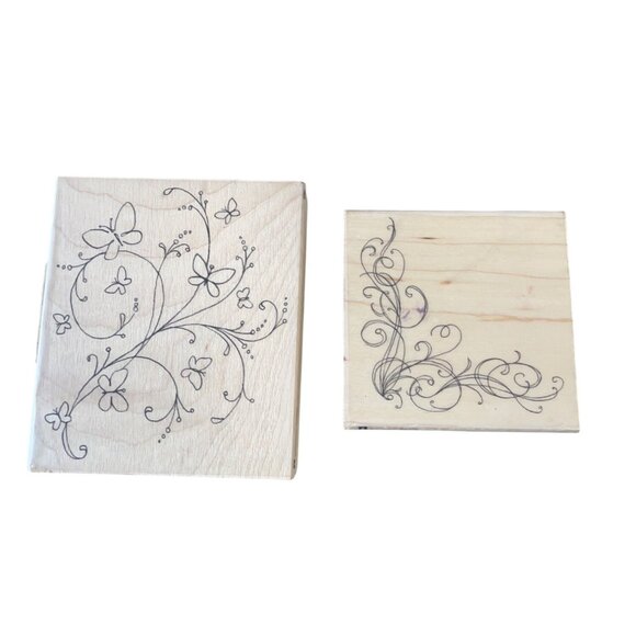 Wood-Mounted Rubber Stamps Set - Butterfly Swirls & Filigree Design for Crafting - Picture 1 of 7